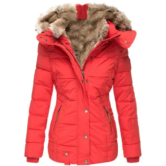 Warm women's coat with fur hood in winter design for autumn/winter