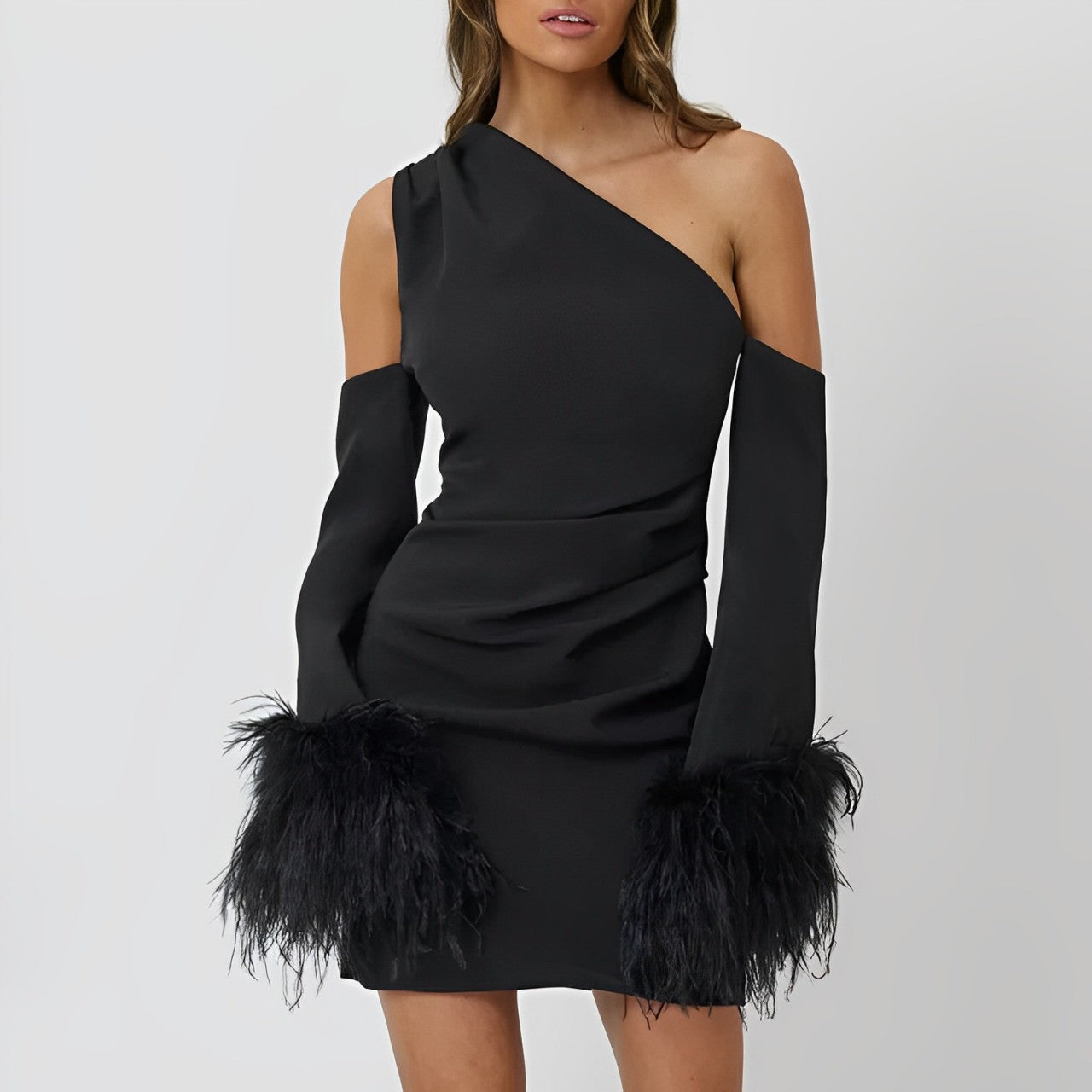 NESSA - Black Asymmetric Feather Trimmed Crepe Long Sleeve Mini Dress