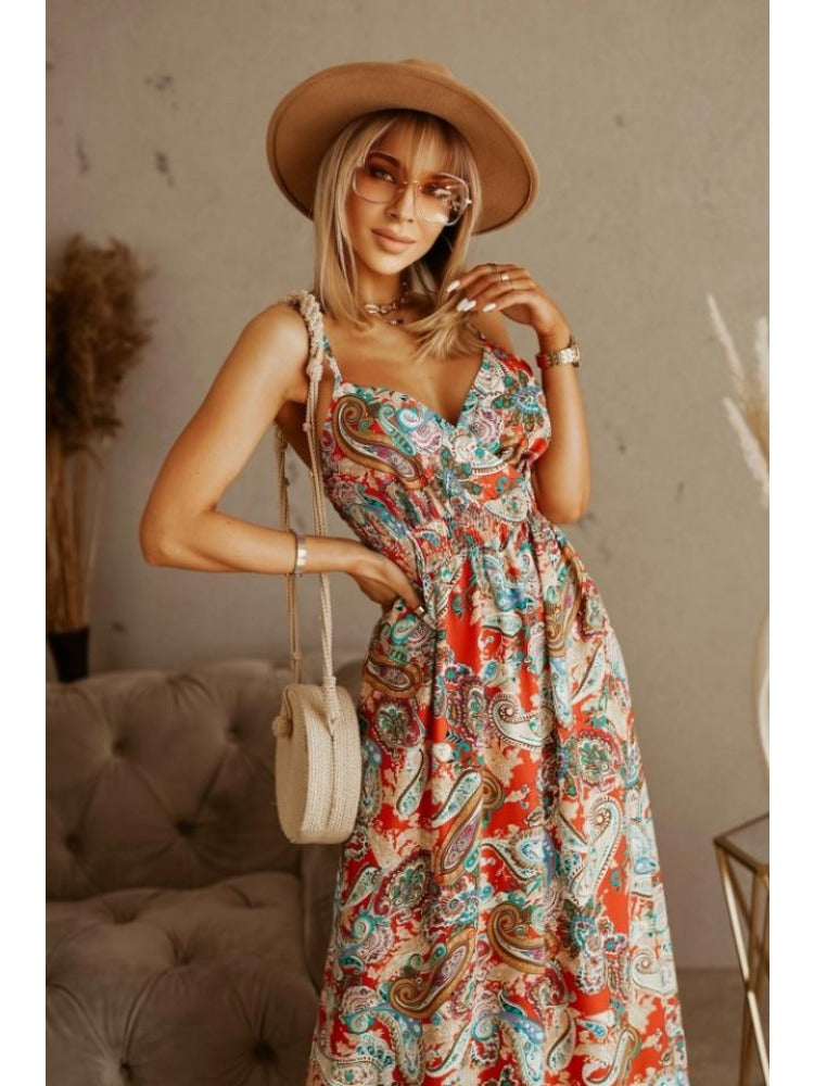 Floral Print Maxi Dress with Thin Straps