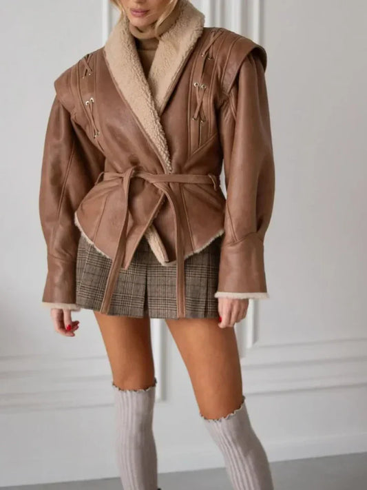 Sophiane - brown leather jacket with fur and belt