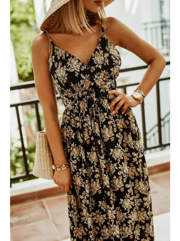 Floral Print Maxi Dress with Thin Straps