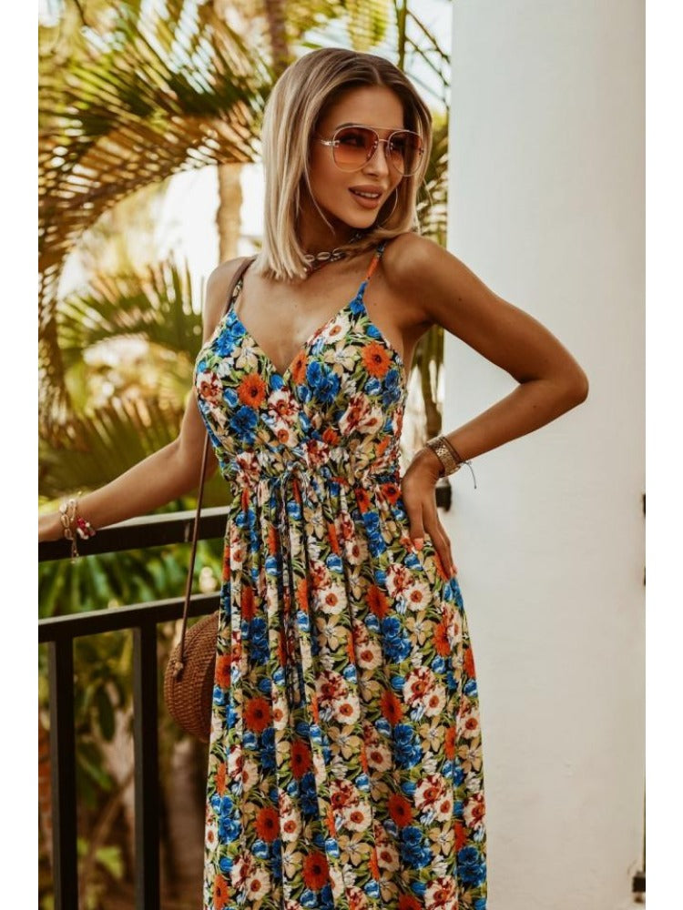 Floral Print Maxi Dress with Thin Straps