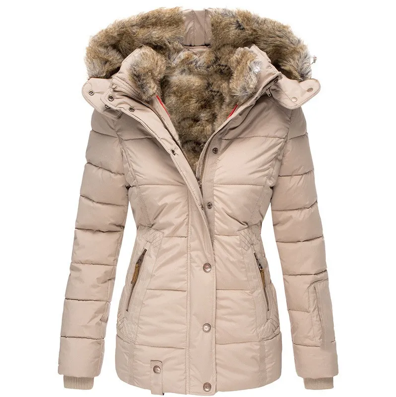 Elegant women's winter coat with fur hood