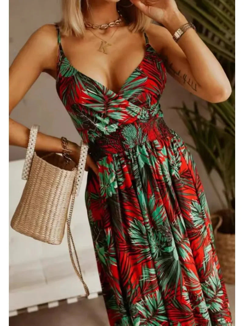 Floral Print Maxi Dress with Thin Straps