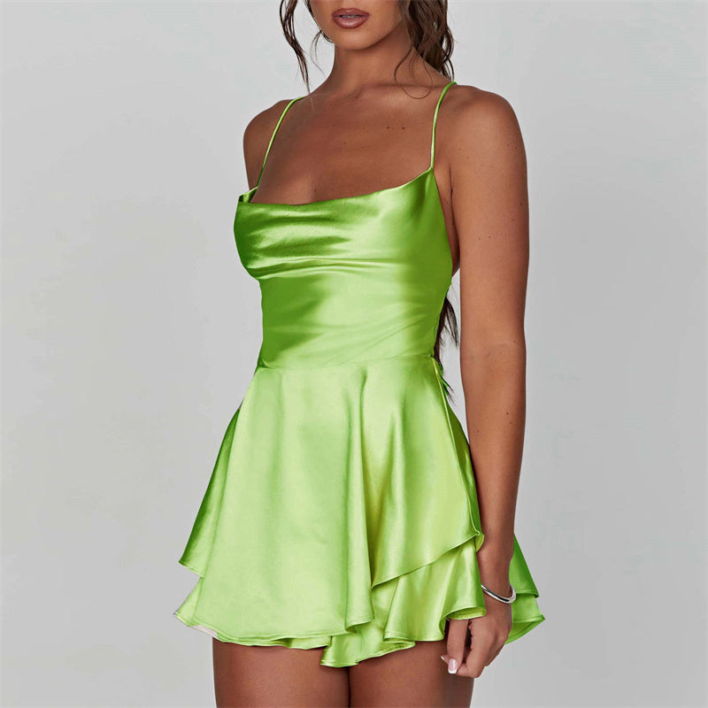 Women's Satin Short Romper Dress with Backless Design and Spaghetti Straps