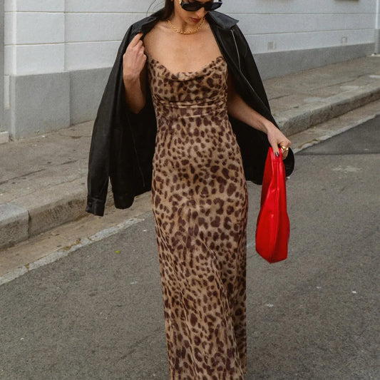 Vintage Leopard Print Tulle Maxi Dress