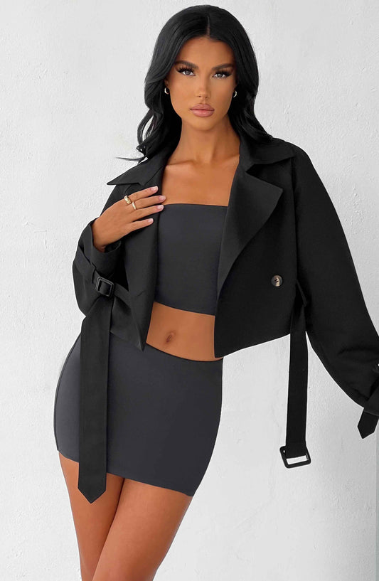 CIARA CROPPED TRENCH COAT - BLACK