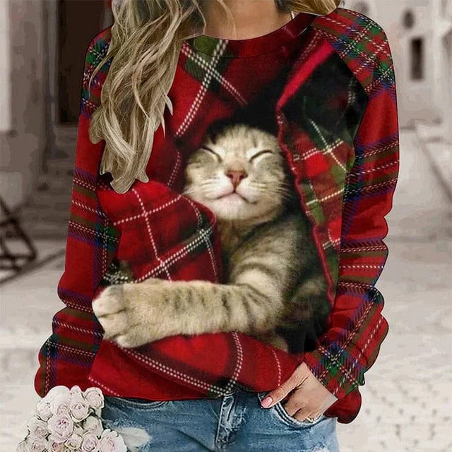 Cherry casual sweatshirt with cat print