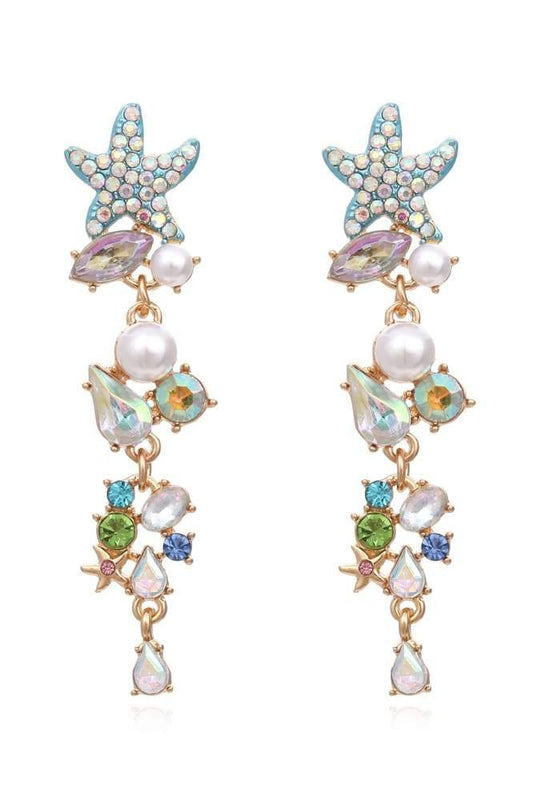 Enamel Crystal Pearl Starfish Drop Earrings