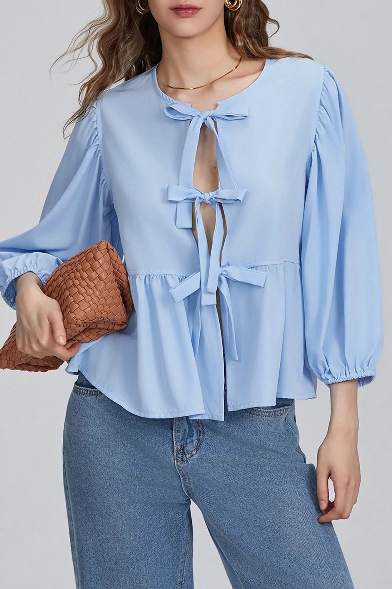 Puff Sleeve Peplum Bow Ties Blouse Top