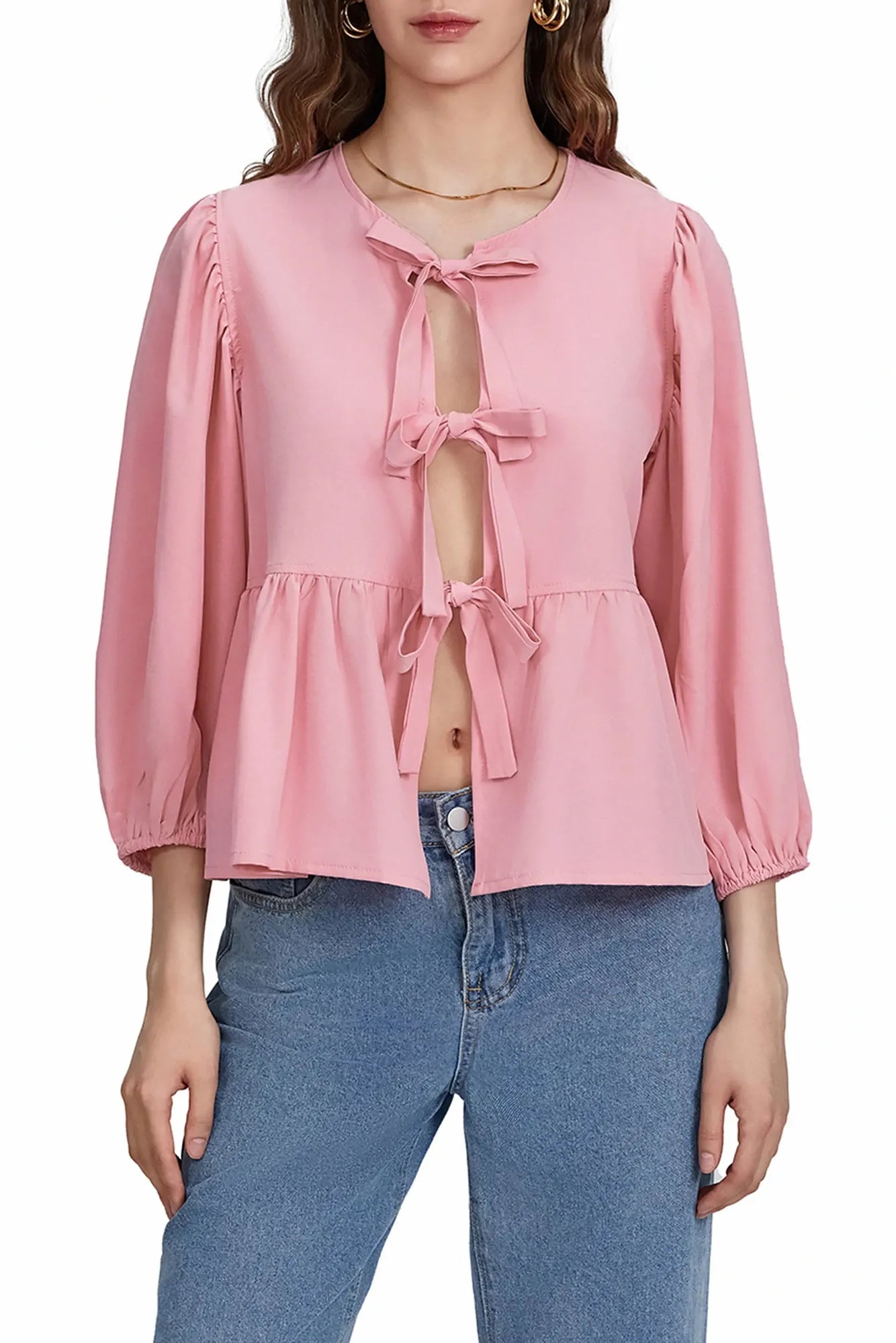 Puff Sleeve Peplum Bow Ties Blouse Top