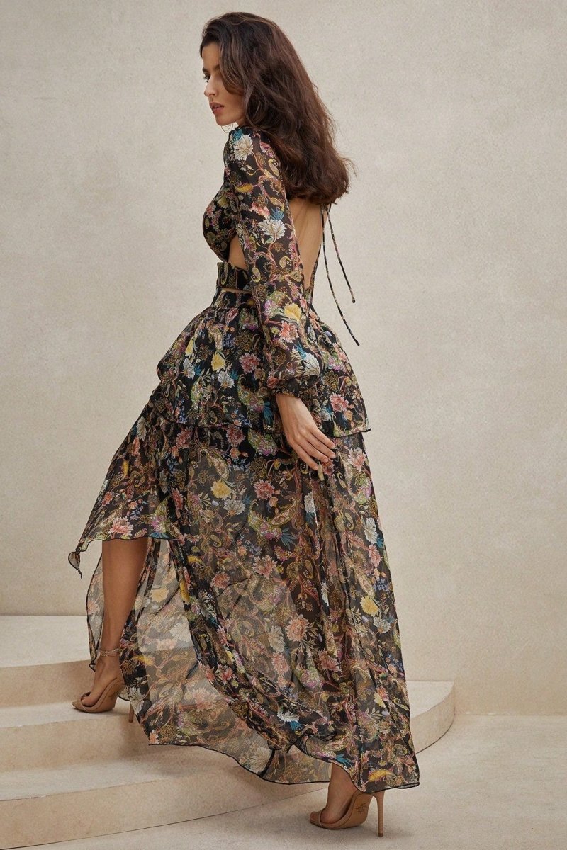 Griselda Floral Printed Cut-out Chiffon Maxi Dress