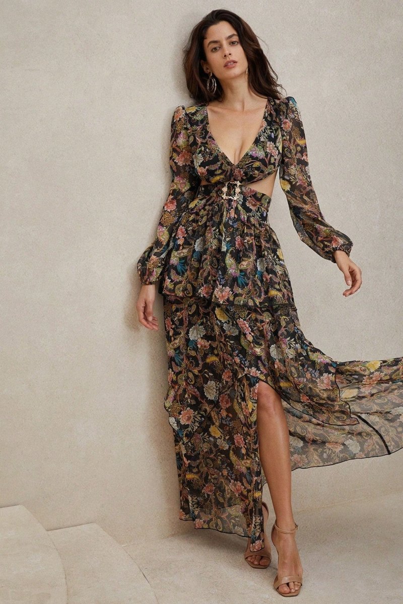 Griselda Floral Printed Cut-out Chiffon Maxi Dress