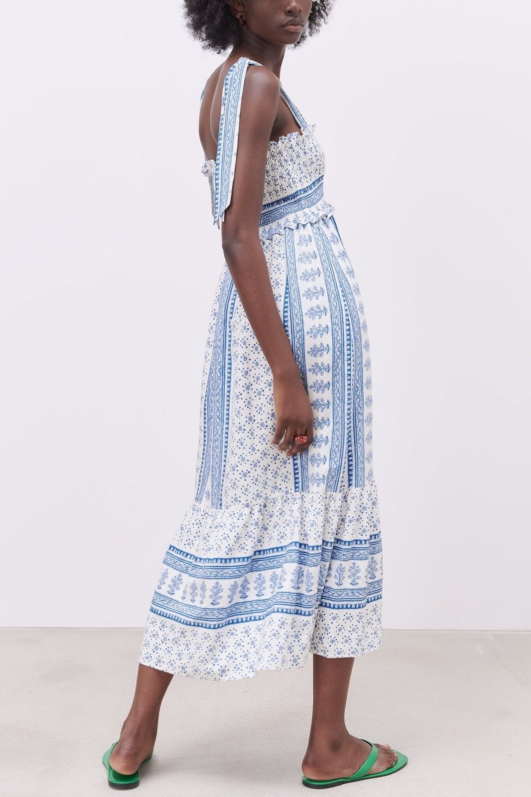 Helga Printed Shirred Strap Midi Dress