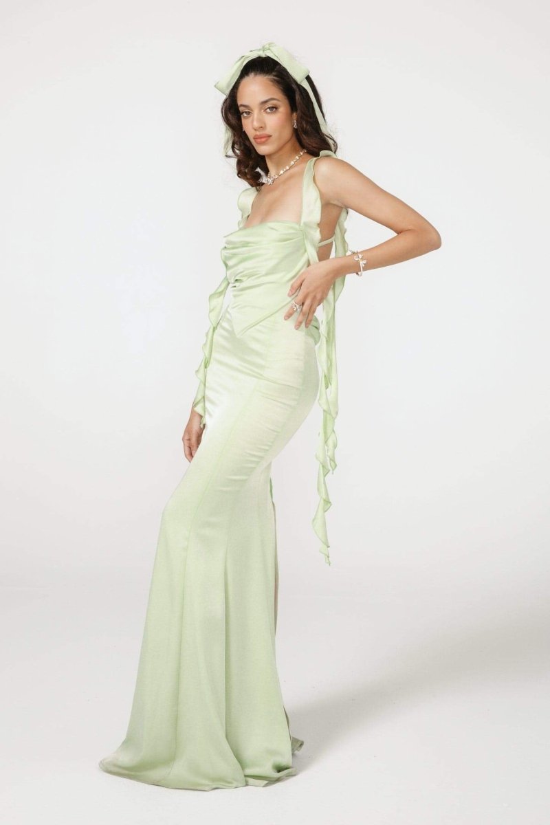 Hilda Ruffle Ribbon Backless Maxi Dress