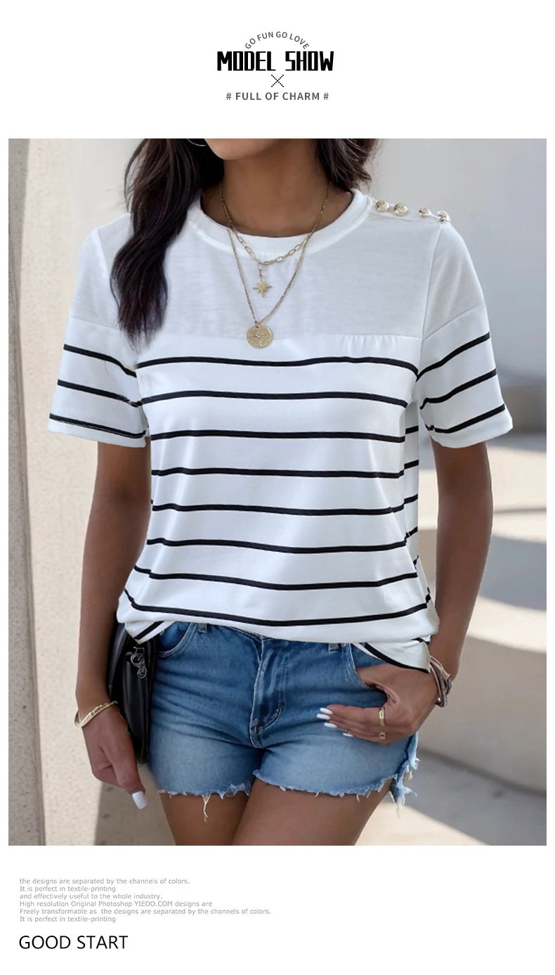 Women's Knitted Striped Button Round Neck Short Sleeve T-Shirt 26924936YM