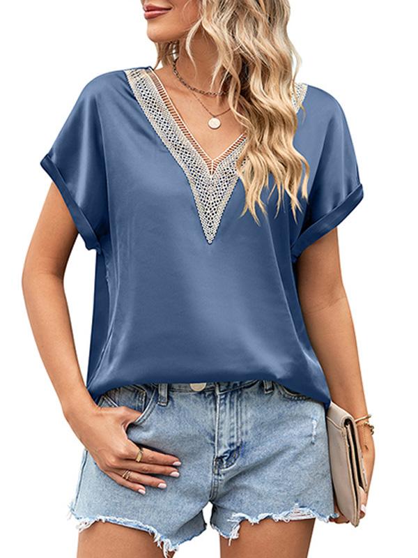 V-neck Lace Satin Short-sleeved Shirt 32097841