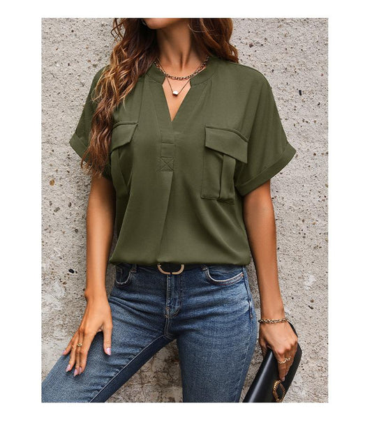 Solid Color V-neck Pocket Short-sleeved Shirt 22982116