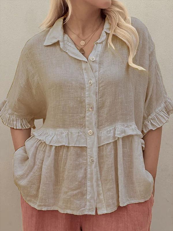 Cotton and Linen Ear-rimmed Everyday Versatile Mid-sleeve Shirt