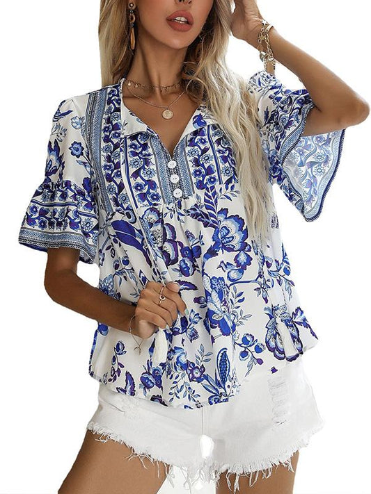 Women's Strappy Printed Bohemian Short-sleeved Shirt 19684748