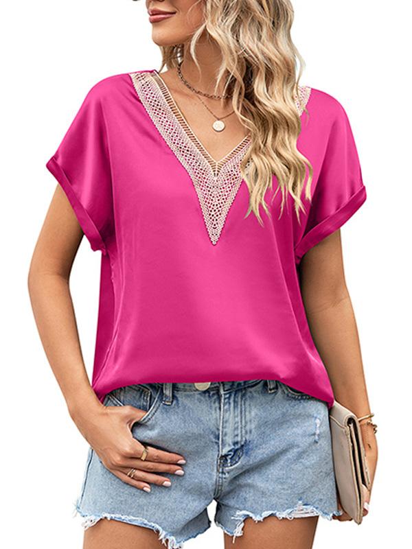 V-neck Lace Satin Short-sleeved Shirt 32097841