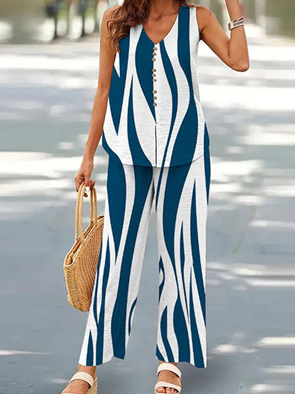 V-neck Casual Solid Color Printed Vest Wide-leg Pants Suit