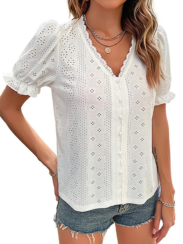 Women's V-neck Lace White Hollow Pullover Shirt 48246765YM