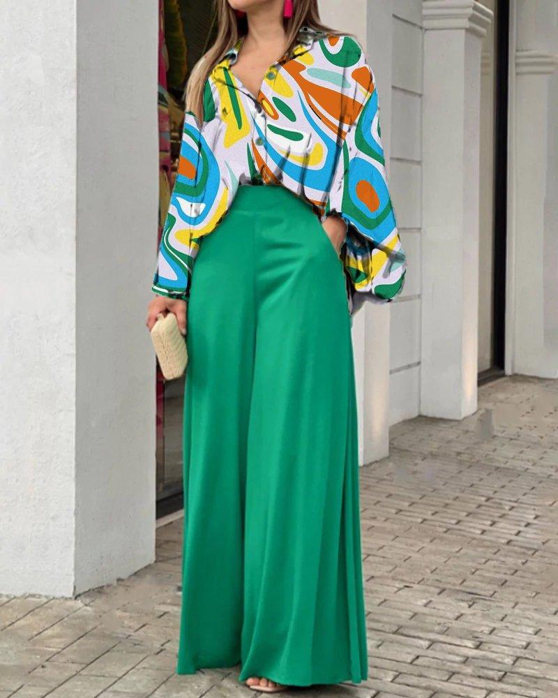 Loose Casual Printed Shirt and Wide-leg Pants Two-piece Set 51096975