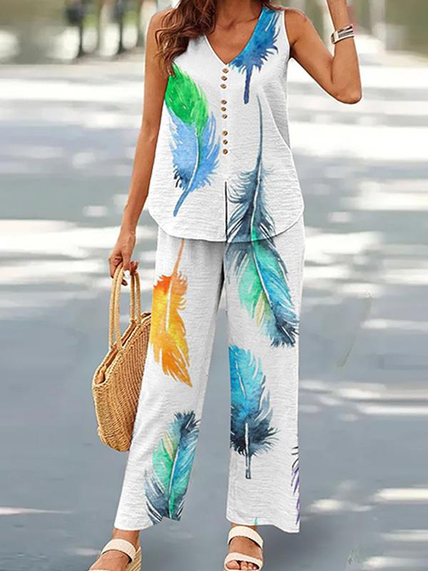 V-neck Casual Solid Color Printed Vest Wide-leg Pants Suit