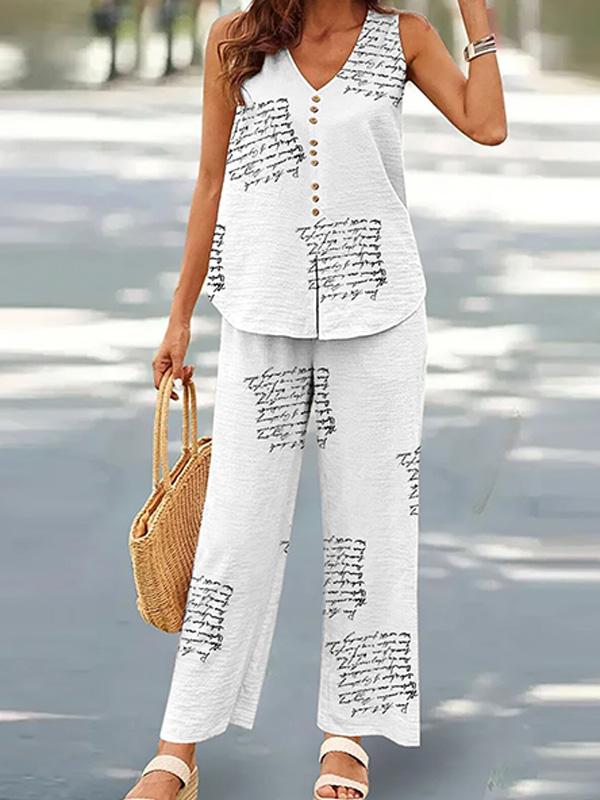 V-neck Casual Solid Color Printed Vest Wide-leg Pants Suit