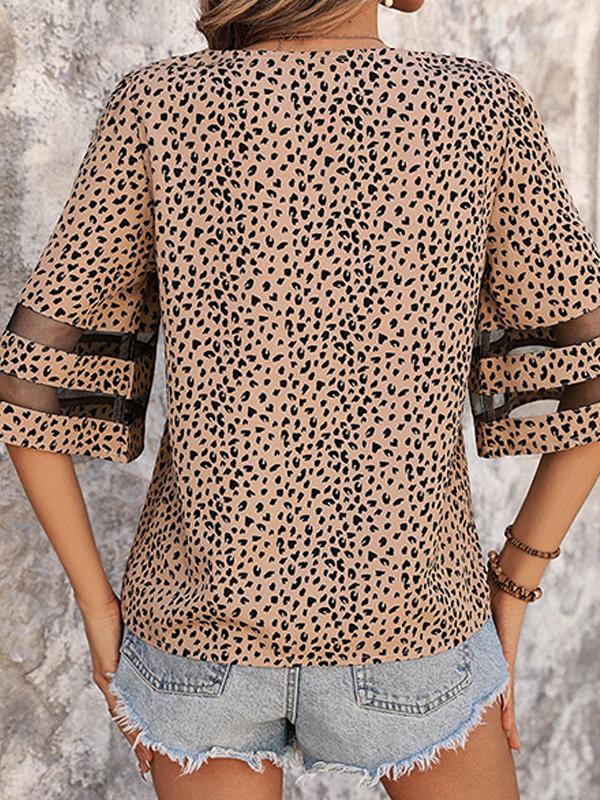 Women's Mesh Spliced V-neck Polka Dot Short-sleeved Shirt 04661273YM