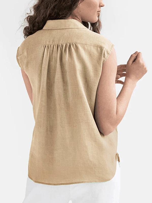 Cotton and Linen Simple Casual Sleeveless Solid Color Shirt