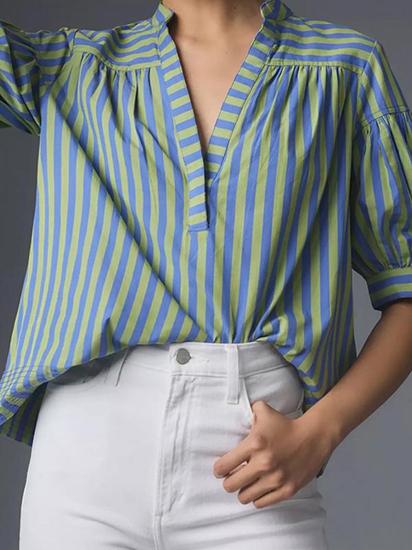 V-neck Striped Stitching Everyday Versatile Top