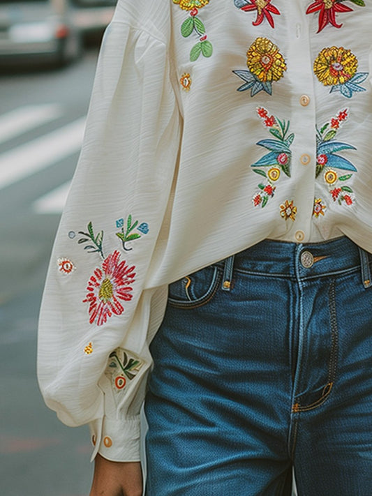 Cotton and Linen Embroidered Flower Long Sleeve Shirt