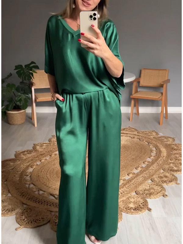 Fashionable Solid Color Mercerized V-neck Casual Suit