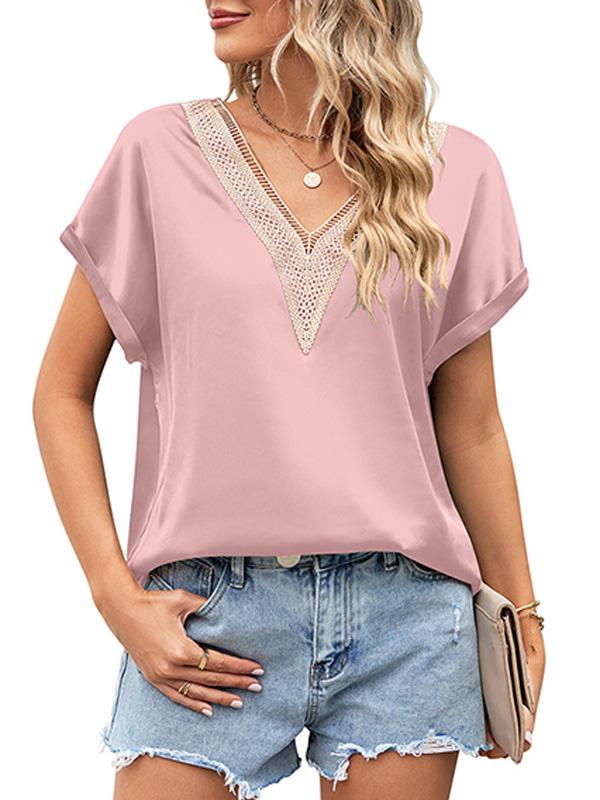 V-neck Lace Satin Short-sleeved Shirt 32097841