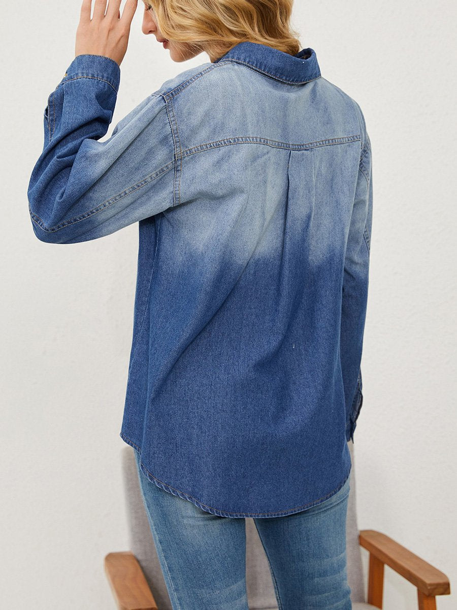 Simple Gradient Stand Collar Single-breasted Denim Shirt