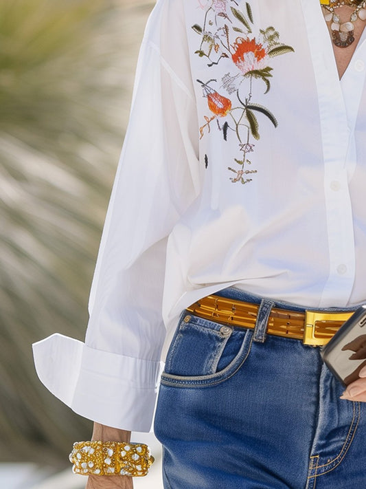 White Symmetrical Embroidered Long Sleeve Shirt