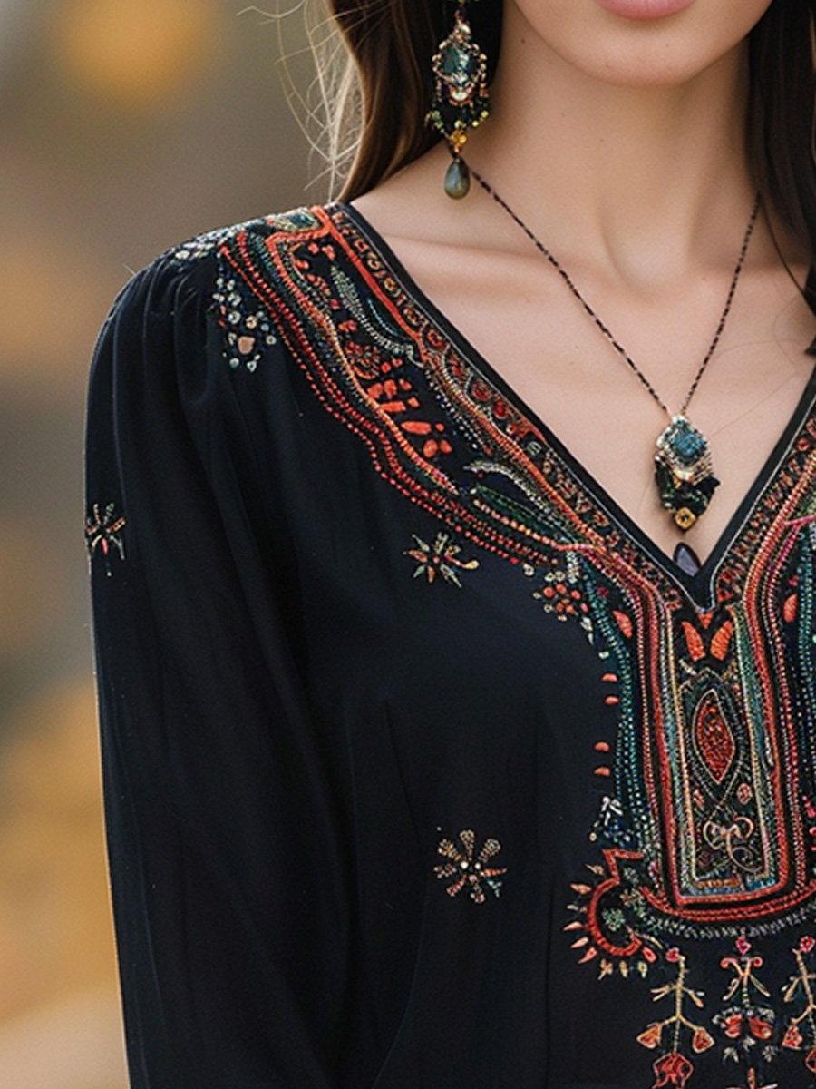 Embroidered V-neck Everyday Top