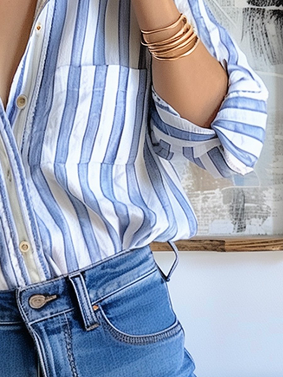 Cotton and Linen Casual Striped Long Sleeve Shirt