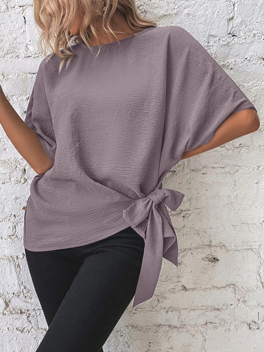 Batwing Sleeves Knotted Hem Plus Blouse