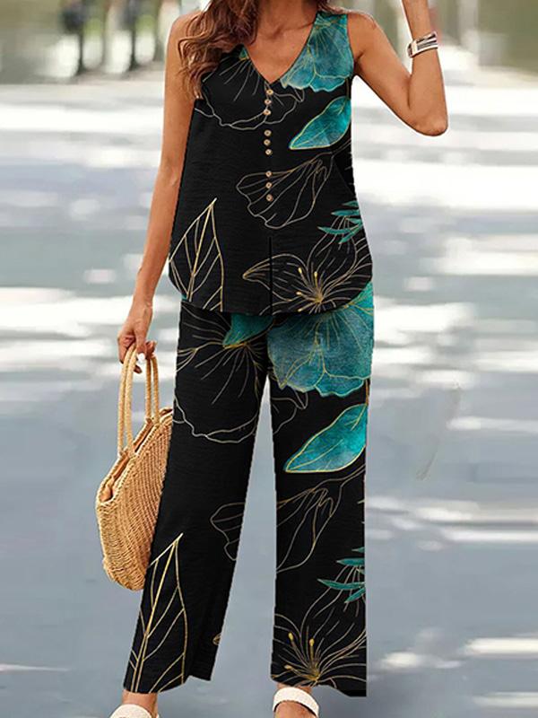 V-neck Casual Solid Color Printed Vest Wide-leg Pants Suit