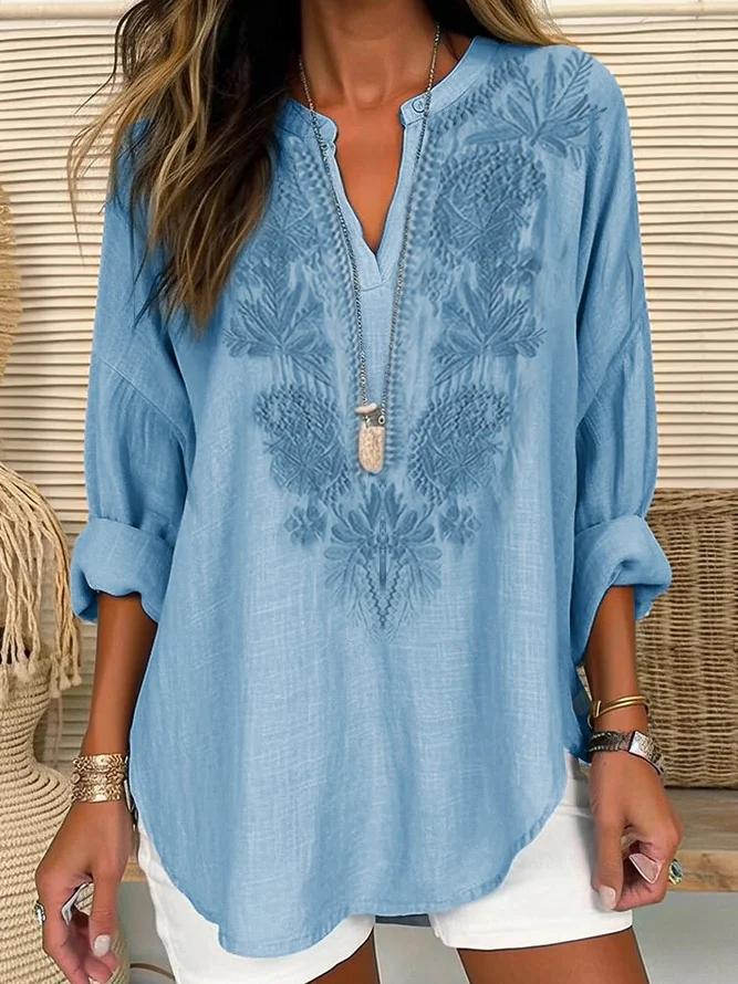 Women's Linen V Neck Long Sleeve Blouse