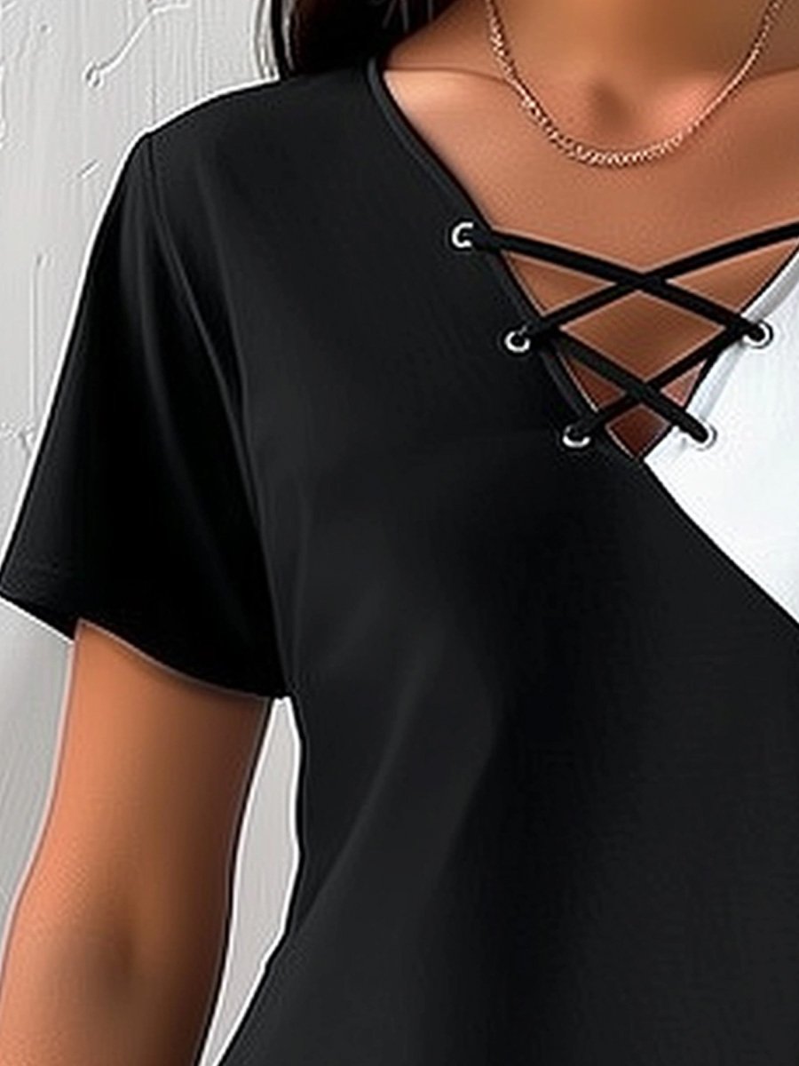 V-neck Tie Colorblock Short-sleeved Top