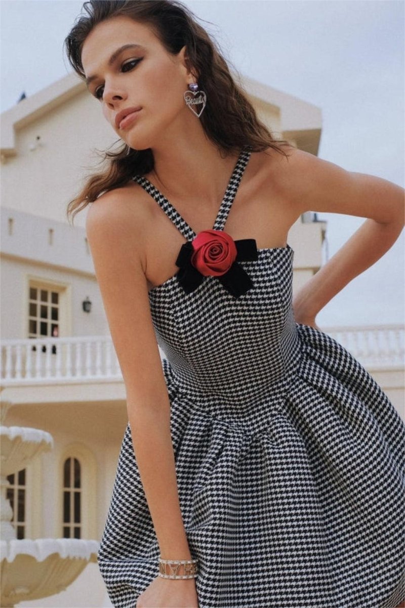 Mona Houndstooth Rose Bow Trimmed A-line Mini Dress