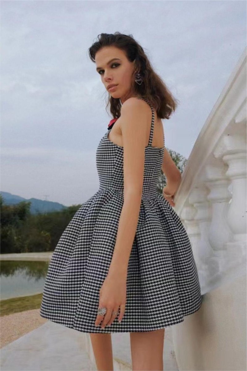 Mona Houndstooth Rose Bow Trimmed A-line Mini Dress