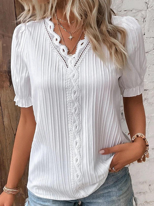 Holiday Fashion Hollow Jacquard Stripe Texture Short Sleeve Shirt