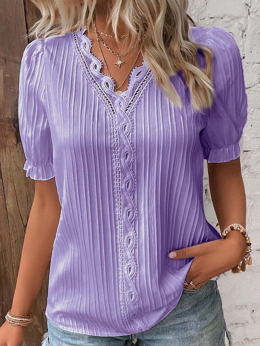 Holiday Fashion Hollow Jacquard Stripe Texture Short Sleeve Shirt