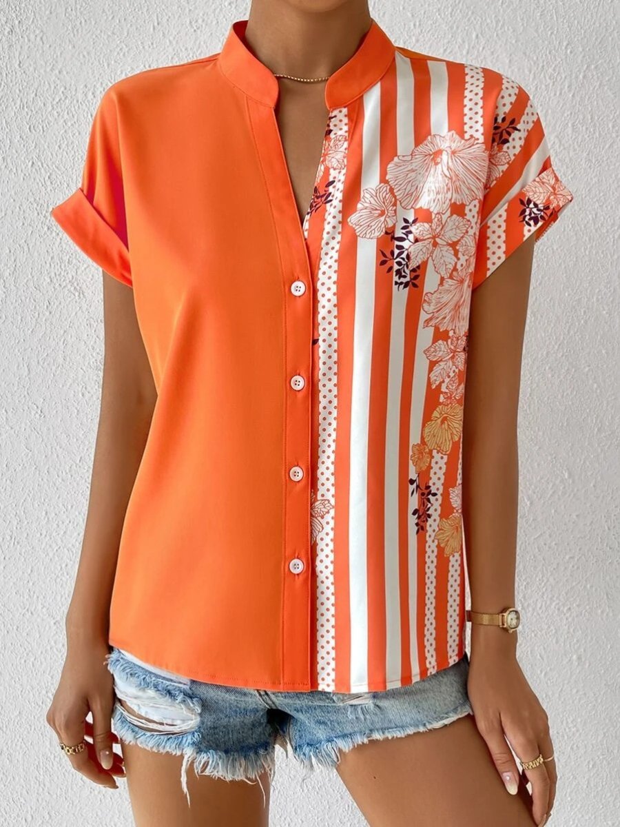 Contrasting Color Floral Button-up Blouse.