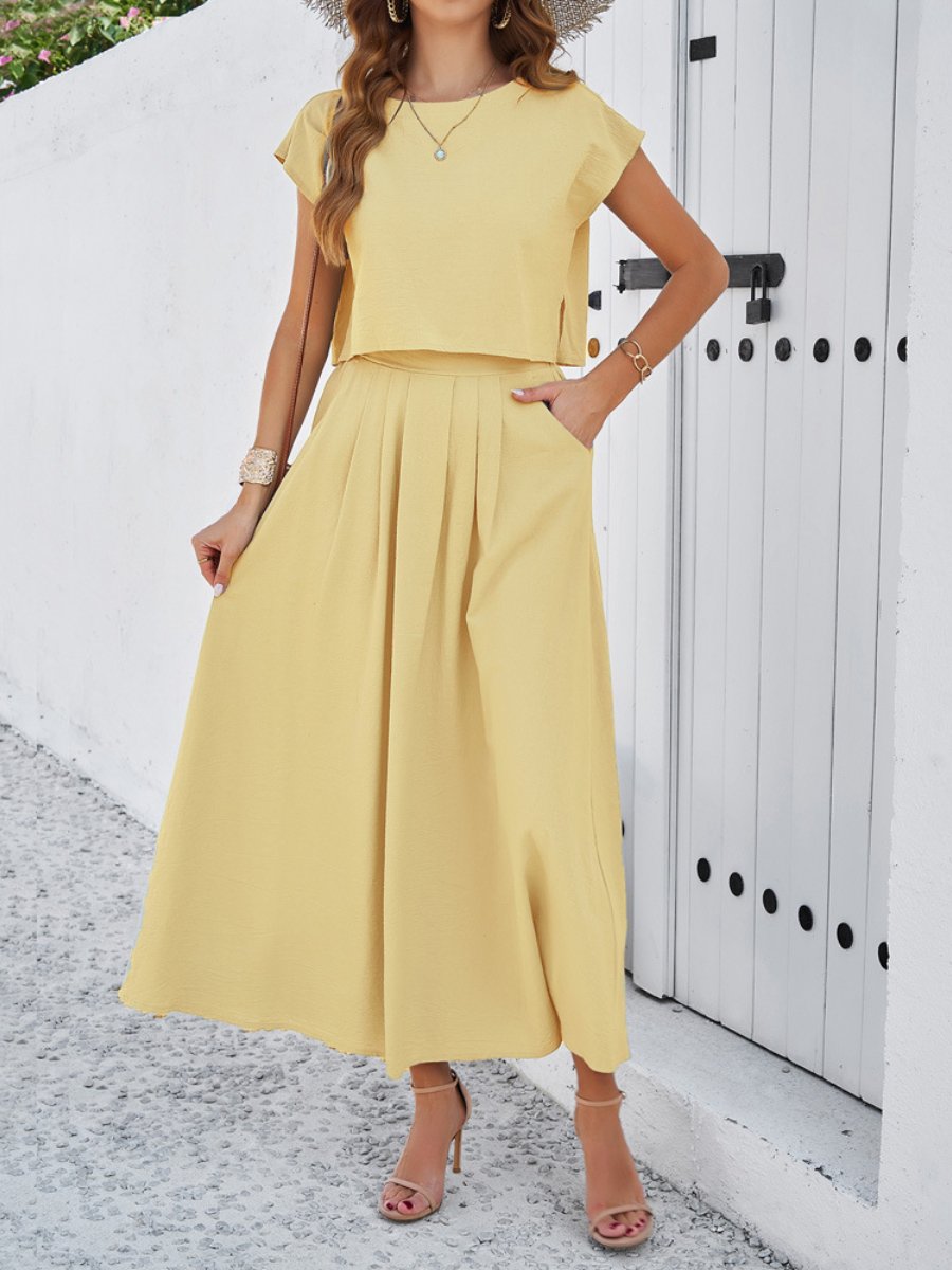 Leisure Solid Color Top and Skirt Set